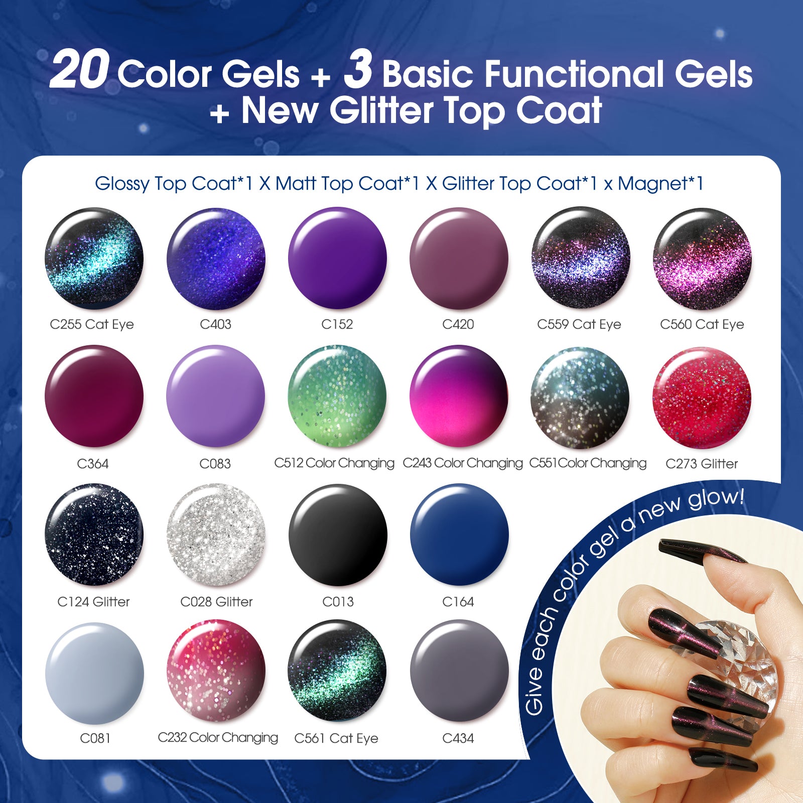 ROSALIND 24PCS Cat Eye Gel Nail Polish Set with Glitter Glossy Matte Top Coat Base Coat, Color Changing Glitter Shinny Effect Magic Gel Polish Set Soak Off Nail Gel Polish Nail Art