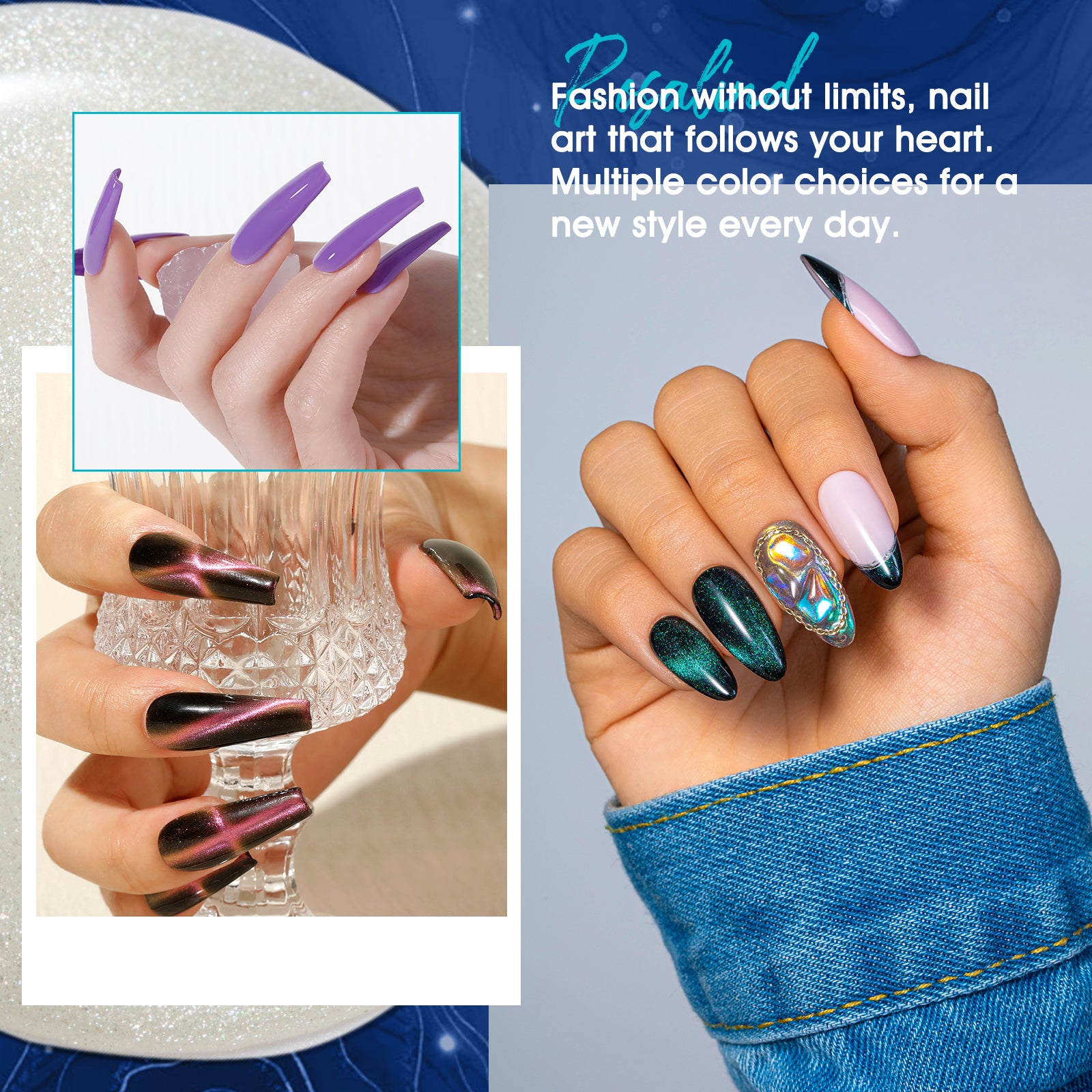 ROSALIND 24PCS Cat Eye Gel Nail Polish Set with Glitter Glossy Matte Top Coat Base Coat, Color Changing Glitter Shinny Effect Magic Gel Polish Set Soak Off Nail Gel Polish Nail Art