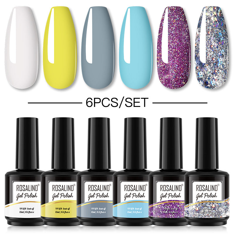 ROSALIND Gel Nail Polish 6Pcs/Set For Manicure Nails Art UV Gel Need Base Top Coat Vernis Semi permanent Nail Polish 15ML