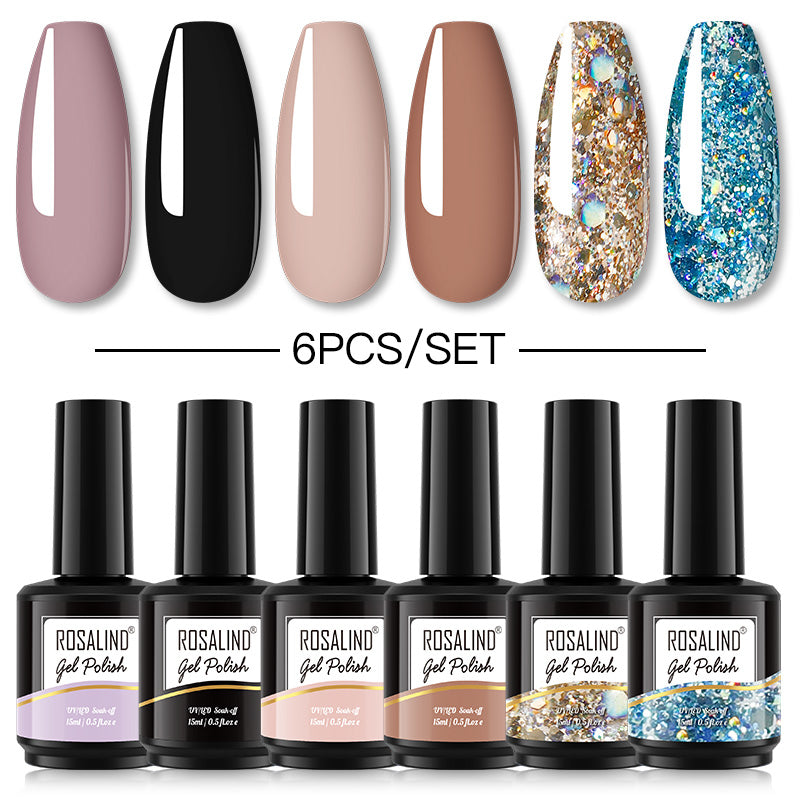 ROSALIND Gel Nail Polish 6Pcs/Set For Manicure Nails Art UV Gel Need Base Top Coat Vernis Semi permanent Nail Polish 15ML