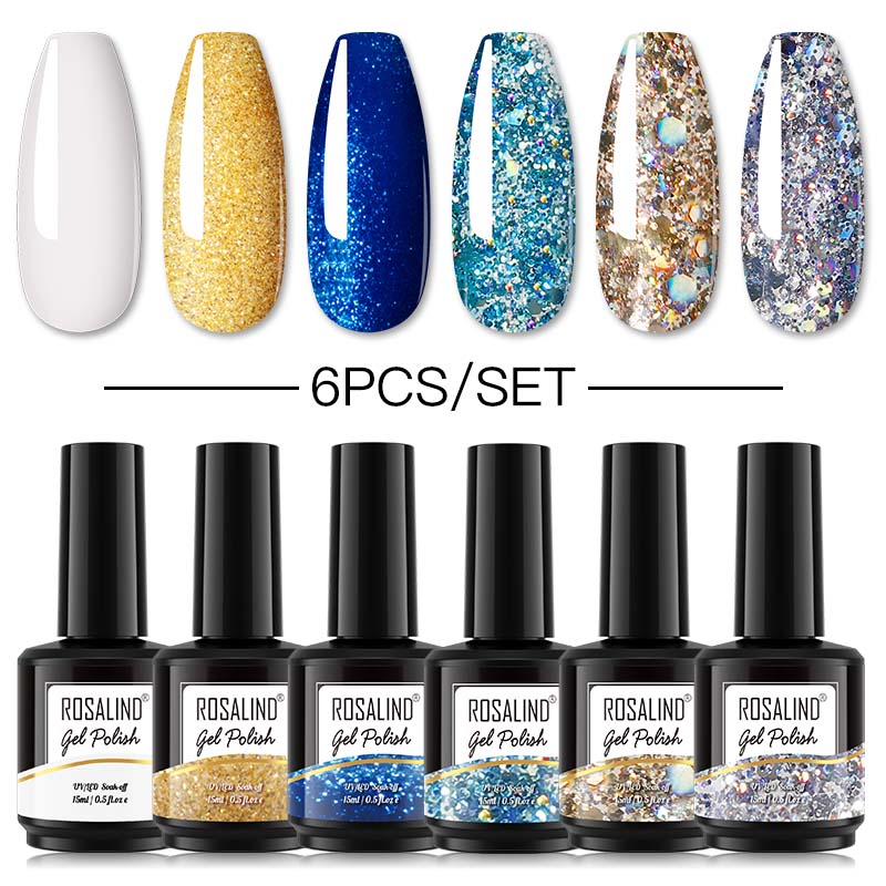 ROSALIND Gel Nail Polish 6Pcs/Set For Manicure Nails Art UV Gel Need Base Top Coat Vernis Semi permanent Nail Polish 15ML