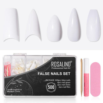Rosalind 500pcs Fake Nails Half and Full Cover False Nail with Case and Tools
