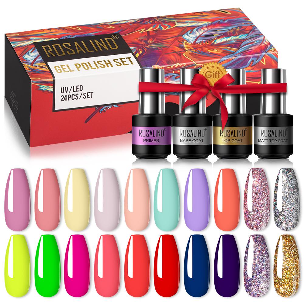 Rosalind 7ML 24Pcs Nail Gel Polish Set with No Wipe Base and Matte/Glossy Top Coat Vernis