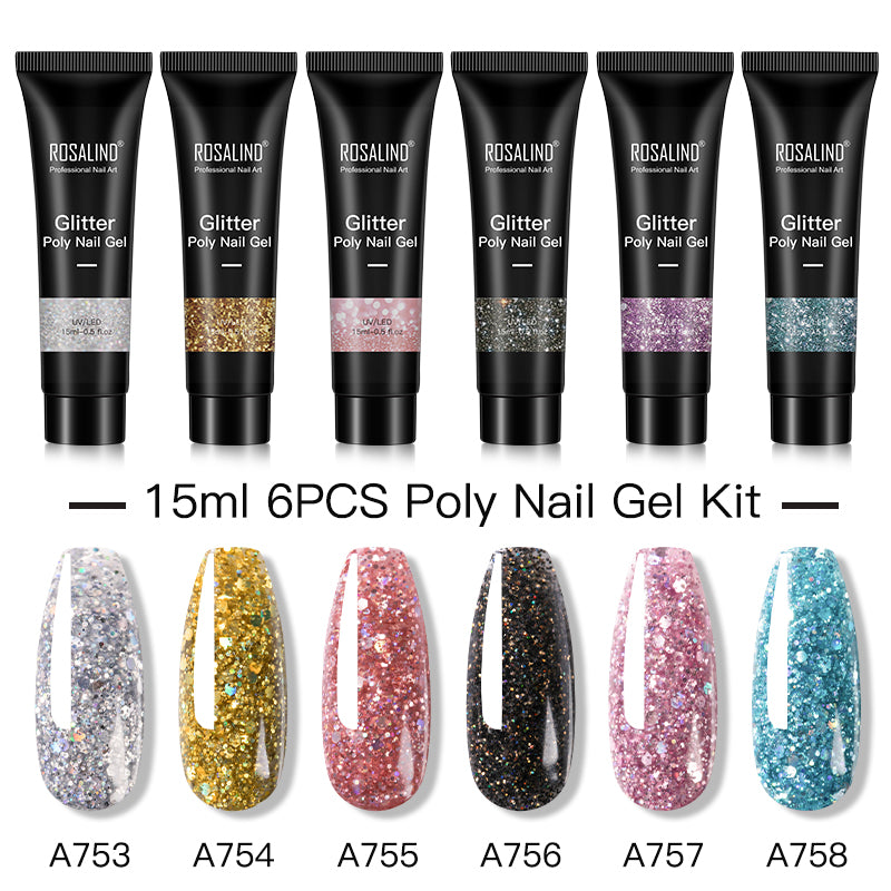 ROSALIND 6PCS Poly Nail Gel Kit 15ml Nail Extension Full Manicure Poly UV Gel Set For Nails Tool Kit