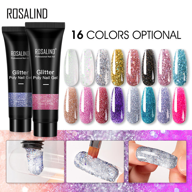 ROSALIND 15ml Glitter Poly Nail Gel 16 Fashion Colors Quick Builder Extension Say Goodbye To Short Nails