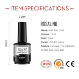 ROSALIND 15ml Gel Polish Matt Top Coat Soak Off Nail Art Decorations UV/LED Lamp