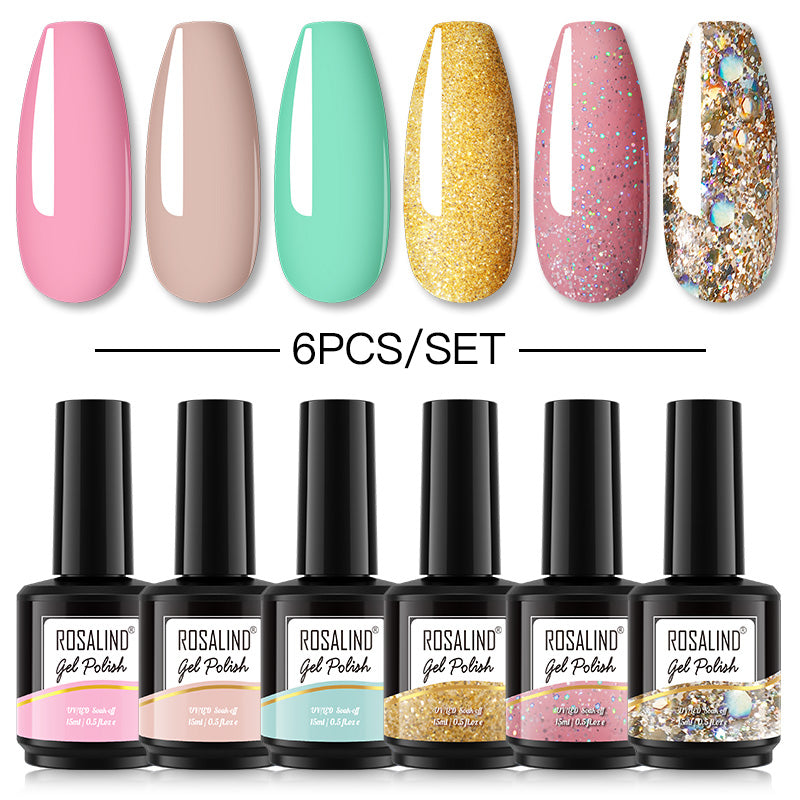 ROSALIND Gel Nail Polish 6Pcs/Set For Manicure Nails Art UV Gel Need Base Top Coat Vernis Semi permanent Nail Polish 15ML